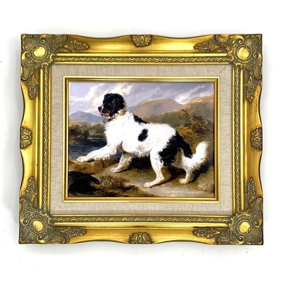 Print Pet Black & White Newfoundland Dog on Canvas in Golden Frame Art Decor